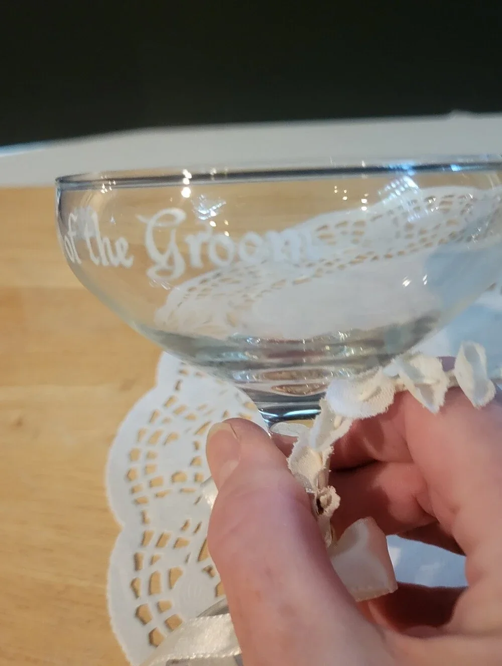 Mother of the Groom Engraved Champagne Coupe - Clear Glass with White Ribbon